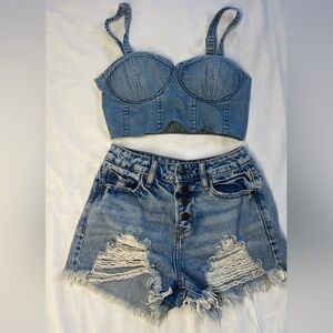 Distressed Light Blue Denim Jacket and Strapless Denim Bustier Set